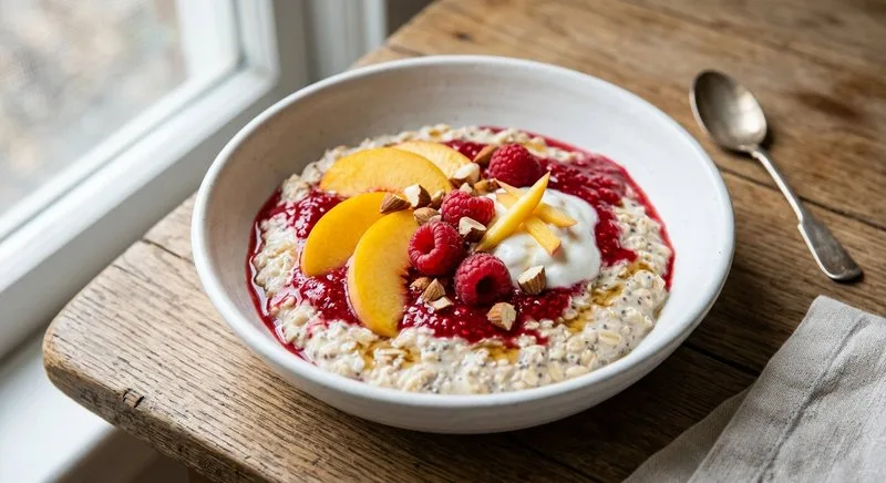 Gluten-Free Peach Melba Overnight Oats