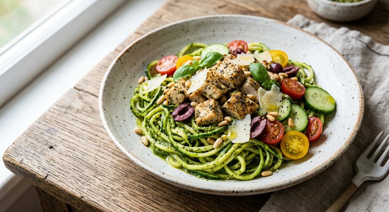 Gluten-Free Pesto Zoodle Bowl — lunch recipe, serves 4