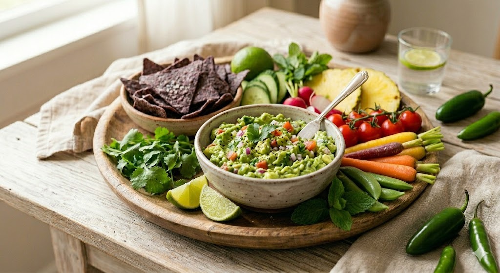 Gluten-Free Guacamole with Corn Chips — snacks recipe, serves 4